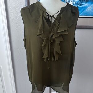 Tommy Hilfiger Olive Green Sleeveless Ruffle Tie-Neck Blouse